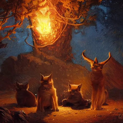 Image similar to three cute caracals wearing red ties, campfire, night, atmospheric lighting, intricate, volumetric lighting, digital art, highly detailed by gaston bussiere, craig mullins, j. c. leyendecker 8 k