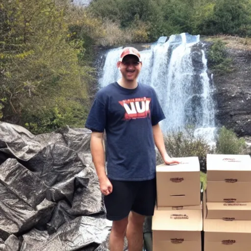 Prompt: mrbeast with everythingapplepro standing near a waterfall with two piles of boxes of iphones near them
