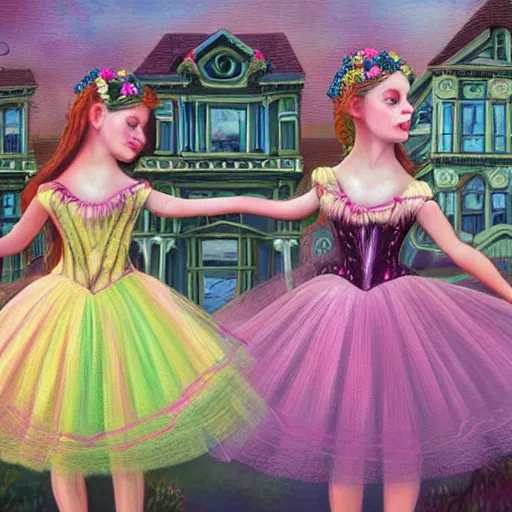 Prompt: three ballerinas in glowing tutus infront of a victorian building, 🪴🌷 🌳, lowbrow, in the style of mark ryden and lilia alvarado, 8 k,