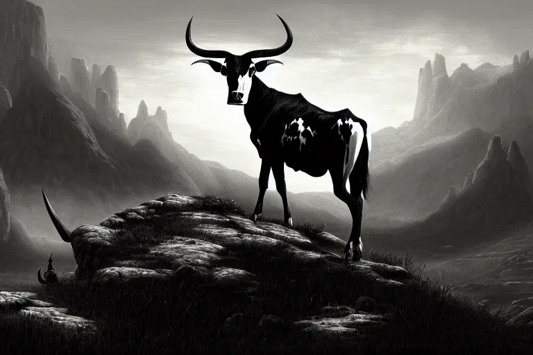 Prompt: a black and white longhorn on a high bluff, key visual, concept art, extremely moody lighting, highly detailed, digital painting, artstation, unreal engine, in the style of charles marion russell and albert bierstadt and frederic remington