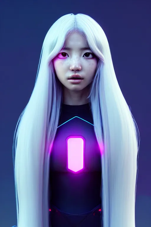 Prompt: upright and straight girl, bae suzy, scifi, futuristic design, full body model, long white hair, character design, cinematic lighting, highly detailed, by beeple, goro fujita, smooth gradient.