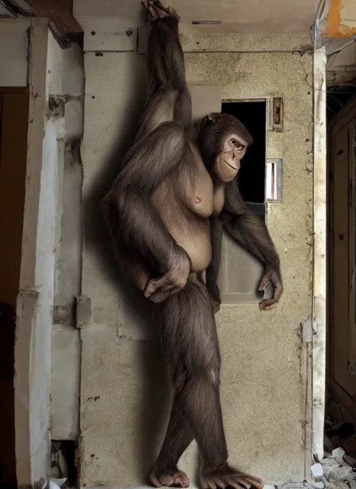 Image similar to uncanny hybrid human - ape, half human half ape inside fuse box in post communist apartment building