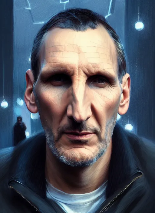 Prompt: portrait of christopher eccleston, intricate, elegant, glowing lights, highly detailed, digital painting, artstation, concept art, smooth, sharp focus, illustration, art by wlop, mars ravelo and greg rutkowski