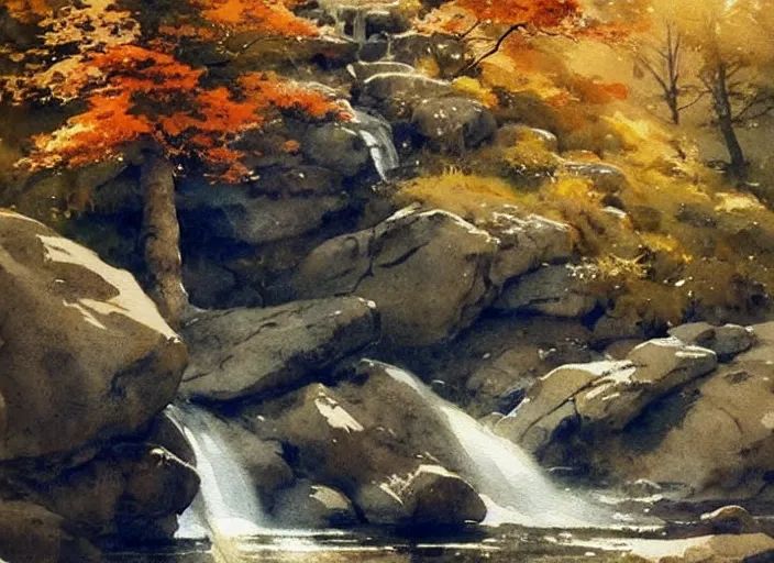 Prompt: watercolor painting of wild waterfall, oak trees, rocky shore, in autumn, rustic stone cabin in horizon, very very very beautiful, art by anders zorn, wonderful masterpiece by greg rutkowski, cinematic light, american romanticism by greg manchess, creation by tyler edlin