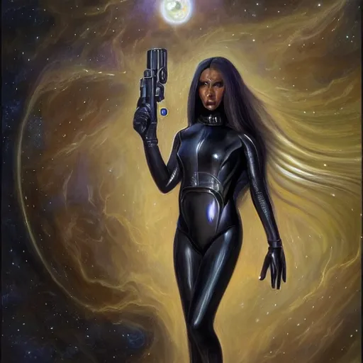 Prompt: pleiadian woman with big eyes and long silver hair wearing a dark body suit and holding a plasma gun as a realistic sci fi character, portrait art by donato giancola and greg rutkowski, digital art, trending on artstation, standing in a barren field