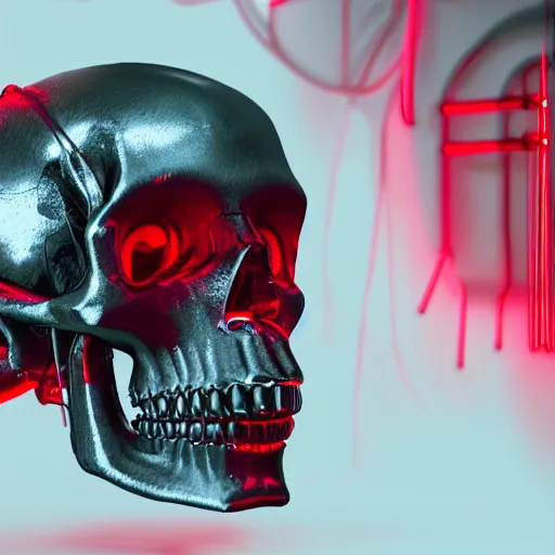 Image similar to cyberpunk skull machine, wires cables, red lights, octane render vray raytracing, photoreal