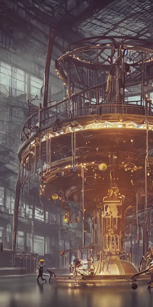 Prompt: a wideangle colorchrome shot of robot children in a detailed merry-go-round inside a old industrial flooded car factory, beautiful cinematic atmospheric lightning, octane 8k render