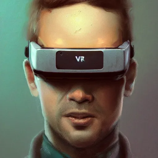 Image similar to Portrait of a man by Greg Rutkowski, symmetrical face, a young man using a VR headset, Kubrick stare, crooked smile, highly detailed portrait, scifi, digital painting, artstation, book cover, cyberpunk, concept art, smooth, sharp foccus ilustration, Artstation HQ