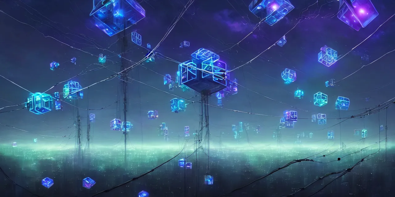 Prompt: a fleet of giant glowing futuristic cubes tied to each other with lots of wires in the sky, thick messy glowing wires, light rays bouncing between cubes, a fantasy magical landscape seen in the distance, atmospheric lighting, intricate, volumetric lighting, beautiful, sharp focus, ultra detailed, in the art style of marc simonetti, bowater charlie and brom gerald, astrophotography