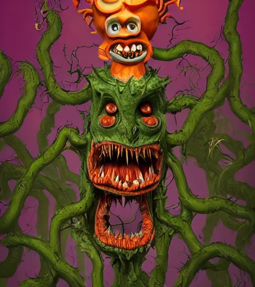 Image similar to a tim burton design of a horrifying king creature made of pumpkin, big fat blobby, laughing, limbs made from vines, sitting on a stone throne, detailed game art illustration, menacing carved facial expression, creepy lighting, dynamic pose, 4 k artstation, masterpiece