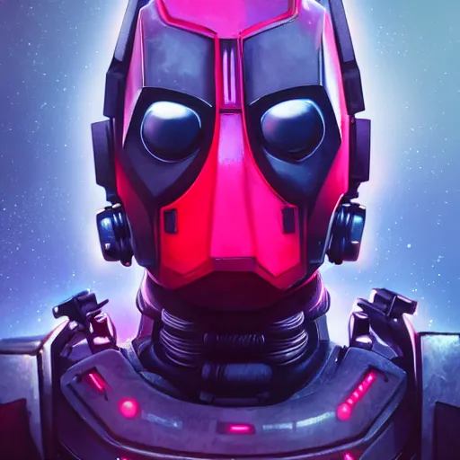 Image similar to cyberpunk concept cool deadpool warrior bot, cinema 4 d, galaxy, ufo, space sci - fi, wearing vr goggles, illustration, portrait, pastel neon textured background night, trending on artstation, greg rutkowski, octane rendered, 1 2 k, detailed,