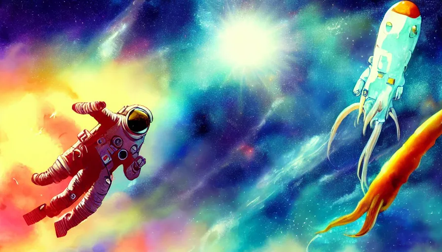 Prompt: incredible wide screenshot, ultrawide, simple watercolor, rough paper texture, anime movie scene, backlit distant shot of astronaut riding on a huge squid swimming through space, colorful background, planets, space dust, lens flare.