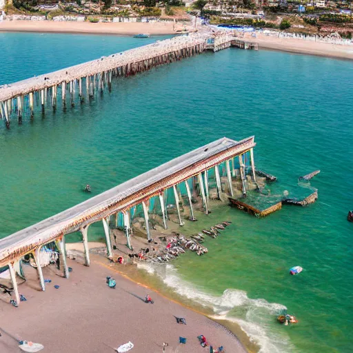 Image similar to a drone shot of the pier in Lido di Ostia, aerial view, photograph, photorealistic, detailed, sharp image, 8k SDR, award-winning, beautiful,