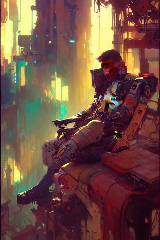 Image similar to attractive man, cyberpunk, cool colors, painting by gaston bussiere, craig mullins, greg rutkowski, alphonse mucha