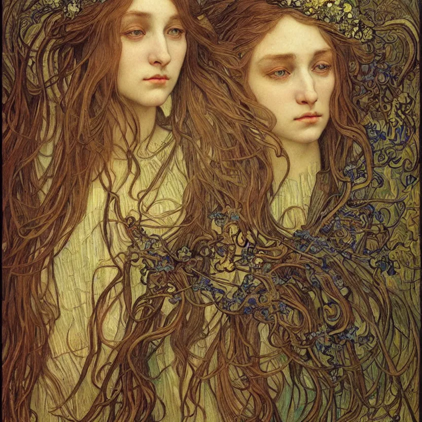Image similar to detailed realistic beautiful young medieval queen face portrait by jean delville, alphonse mucha, vincent van gogh, and marco mazzoni, art nouveau, symbolist, visionary, gothic, pre - raphaelite