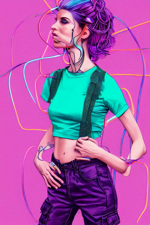 Image similar to a award winning half body portrait of a beautiful woman with stunning eyes in a croptop and cargo pants with ombre purple pink teal hairstyle and hands in pockets by thomas danthony, surrounded by whirling illuminated lines, outrun, vaporware, shaded flat illustration, digital art, trending on artstation, highly detailed, fine detail, intricate