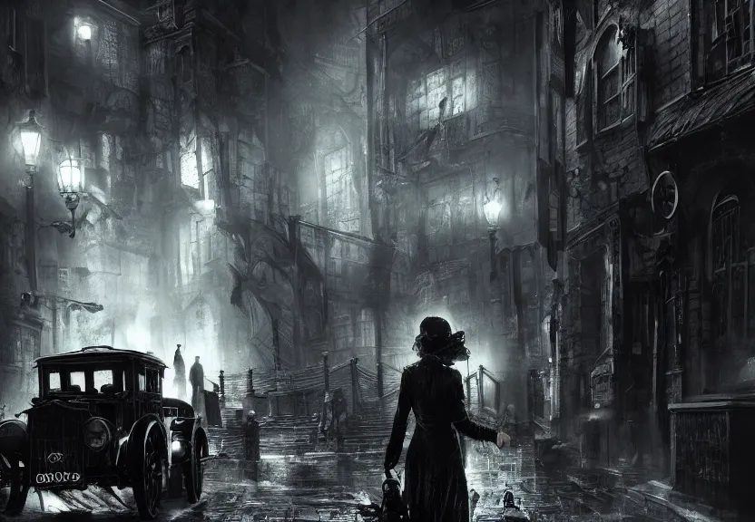 Image similar to painting of the figure a female investigator in a lovecraftian arkham city scenery, 1 9 2 0 cars, high contrast, concept art, dramatic lighting, digital art, 8 k, arkham city, call of cthulhu, extremely detailed, drawn by ruan jia