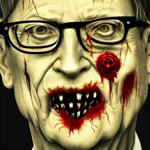 Image similar to a zombie Bill Gates, by WLOP, horror, wounds, bloody, dark fantasy, trending on artstation