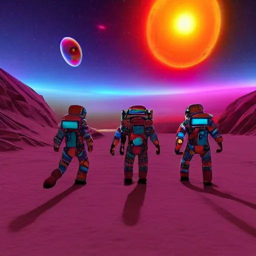 Prompt: three amigos on a space adventure, psychedelic colors, extremely detailed, trending on artstation, 8k unreal engine