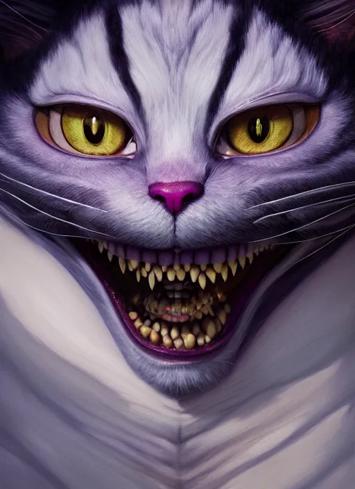 Image similar to cheshire cat, realistic, intricate, elegant, highly detailed, digital painting, artstation, concept art, smooth, sharp focus, illustration, art by wlop, mars ravelo and greg rutkowski