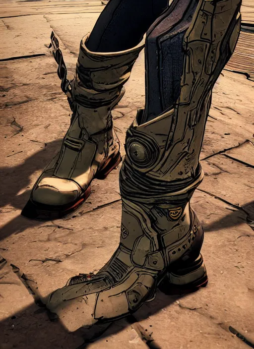 Image similar to a pair of techno boots!! in the borderlands 3 style, close - up, cinematic shot, intricate, ornate