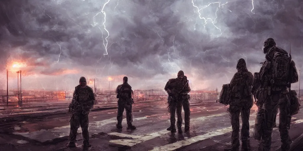 Prompt: private military company operatives standing outside immigration check point with severe weather storms behind, cinematic, realistic, detailed, intricate, digital art, ambient lightning, by jordan grimmer, industrial art style, 3 5 mm film grain, artstation