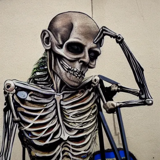 Image similar to The body art features a human figure driving a chariot. The figure is skeletal and frail, with a large head and eyes. The chariot is pulled by two animals, which are also skeletal and frail. street art by Austin Briggs, by Chris Uminga mood