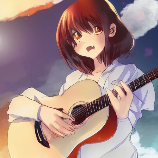 Image similar to anime key visual of yui hirasawa playing guitar, kyoani, pixiv