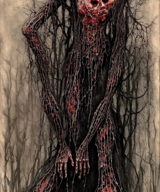 Image similar to a detailed creepy woman with many spider joints stands among the hills. wearing a ripped mantle, robe. perfect faces, extremely high details, realistic, fantasy art, solo, masterpiece, art by hermann nitsch, zdzislaw beksinski, dariusz zawadzki, giger, dragan bibin, ed binkley