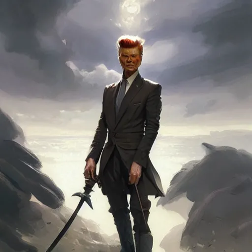 Image similar to portrait of a friendly formal well - groomed david bowie, huge realistic broadsword, elegant, rule of thirds, wide angle, highly detailed, artstation, concept art, matte, sharp focus, art by greg rutkowski, cover by artgerm