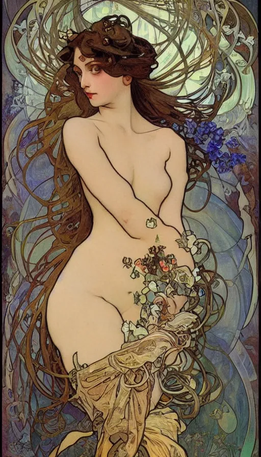 Image similar to fantasy art by Alfons Mucha,beautiful,high quality,masterpiece,incredible,pretty,gorgeous,stunning,appealing,4k,detailed,intricate,fullbody,full body,face