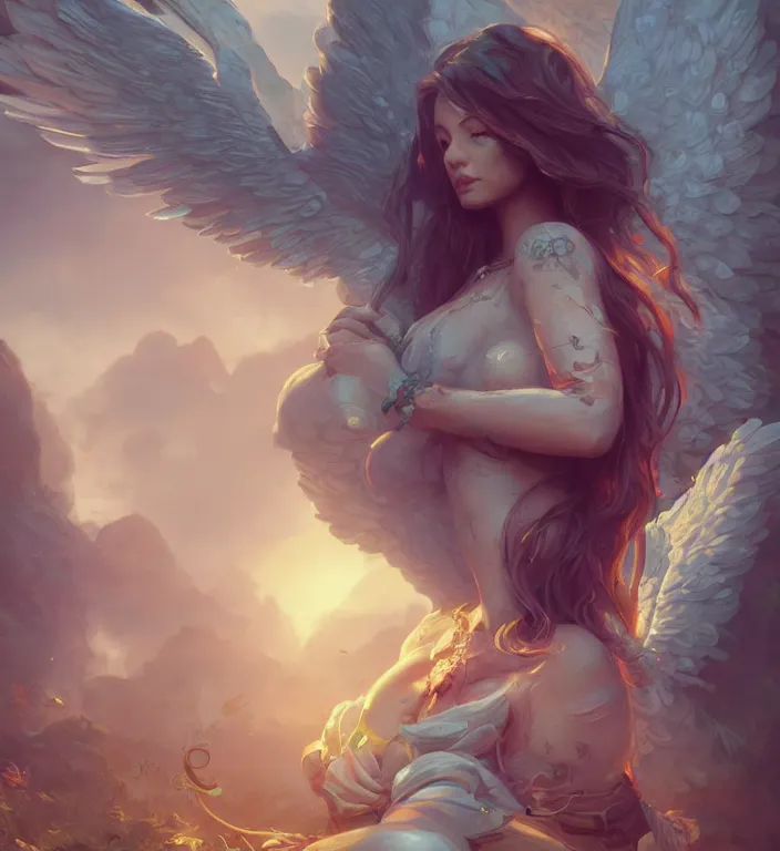 Image similar to centered waist up portrait photography an angel + bokeh + DOF + 8k, photorealistic + rendered in unreal engine + colors and composition by Peter Mohrbacher + line work by Dan Mumford , ultra realistic