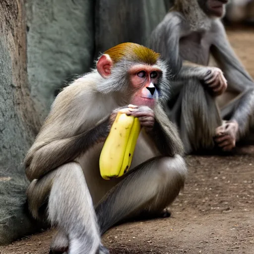 Image similar to of monkeys bribering zookeeper with bananas, zoom lens, candid camera, harsh light