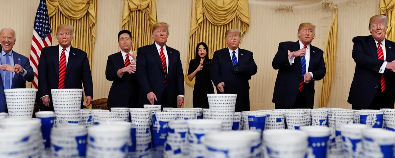 Image similar to donald trump with joe biden and kim jong un playing beer pong on air force one