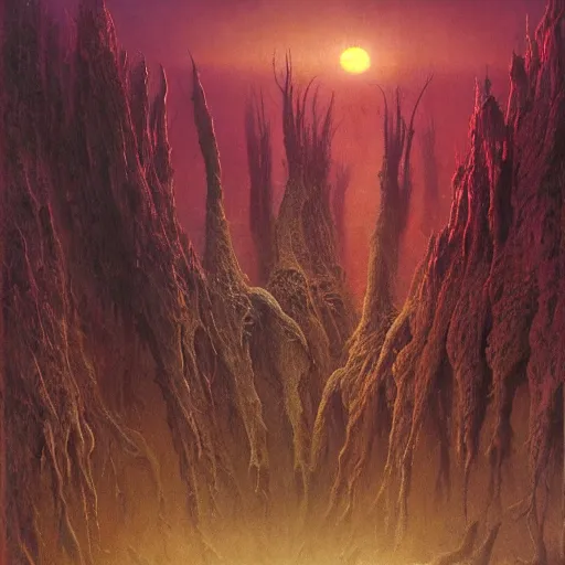 Image similar to a beautiful and ominous matte painting of an exotic alien planet with strange carnivorous plants, twisted bony trees, crashed spaceship submerged in fog beneath the setting sun by karol bak and beksinski and wayne barlowe, exquisite detail, post processing, sharp focus, deep colors