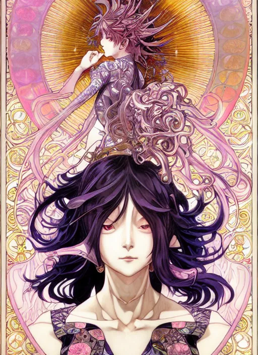 Image similar to exquisite imaginative creature manga poster art of demon slayer, pearlescent, shimmering, reflective, rim light, detailed background, by kojima ayami, shigenori soejima. takeshi obata, alphonse mucha, jump comics, illustration, artstation, concept art, highly detailed, colorful, maximalist