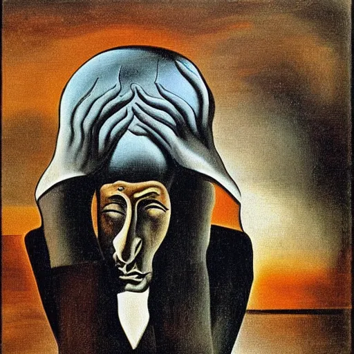 Image similar to surrealist painting of a man with a melting head, salvador dali