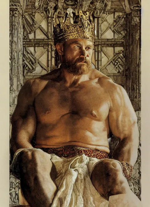 Image similar to head and torso portrait of mariusz pudzianowski as viking king sitting on throne, by lawrence alma tadema and rick berry and norman rockwell and greg staples