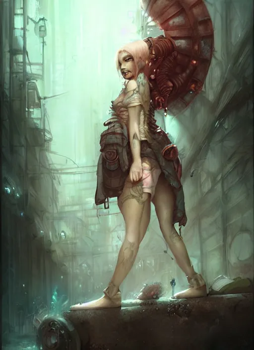 Image similar to a portrait of a pretty sewer punk young lady by bastien lecouffe - deharme