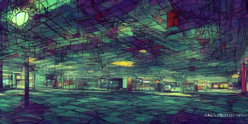Image similar to eerie but beautiful abandoned mall at night, full of color, award - winning anime digital art