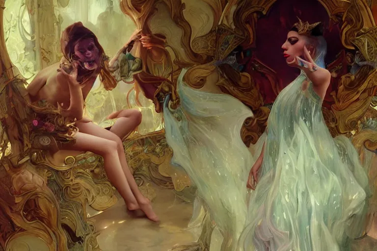 Image similar to music video screenshot of Lady gaga song chromatica, unreal, fantasy, intricate, elegant, dramatic, highly detailed, photorealistic, digital painting, painterly, artstation, concept art, smooth, sharp focus, art by John Collier and Krenz Cushart and Artem Demura and Alphonse Mucha and Albert Aublet