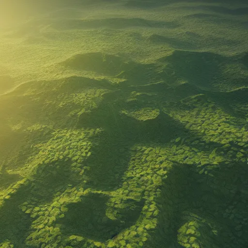 Prompt: large lush landscape, daylight, hyperdetailed, sharp, aerial view, artstation, 3 d render, ray tracing