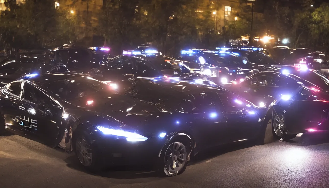 Prompt: Police Teslas chasing a suspect at night with lights on, cinematic