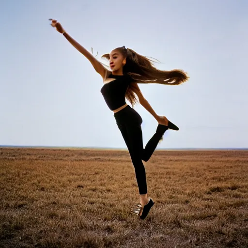 Prompt: A photo of Ariana Grande flying on a broom, Photographed with Leica Summilux-M 24 mm lens, ISO 100, f/8, Portra 400