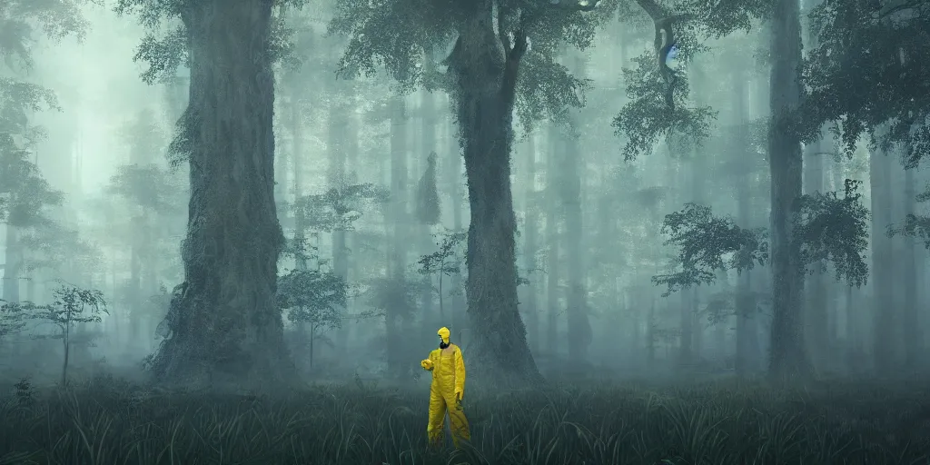 Prompt: a mysterious man in a yellow hazmat suit stands in a detailed fantastic forest, painting, concept - art, rendering, octane, redshift, cinematic composition, volumetric lighting