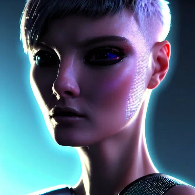 Image similar to hyperrealistic mixed media portrait of a female retrofuturistic cyber punk with a pixie cut, stunning 3d render inspired art by P. Craig Russell and Barry Windsor-Smith + perfect facial symmetry + dim volumetric lighting, 8k octane beautifully detailed render, post-processing, extremely hyperdetailed, intricate futuristic mechanic parts, epic composition, grim yet sparkling atmosphere, cinematic lighting + masterpiece, trending on artstation