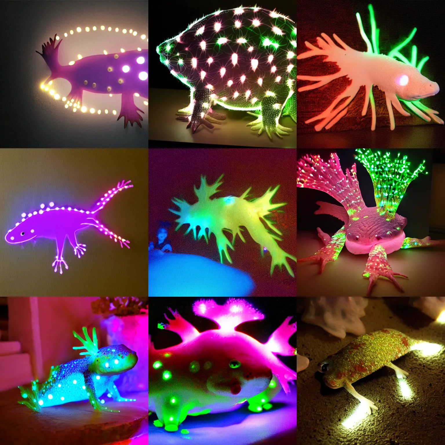 Prompt: an axolotl made of lights and shadows