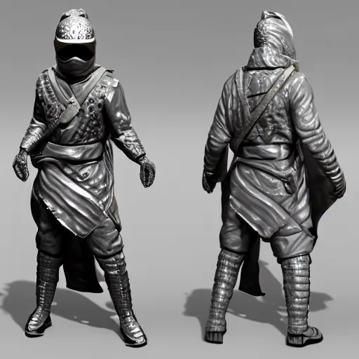 Image similar to 3 d rendering of marble and chrome statue of ninja wearing full face mask and hunter hat, combat suit, technological, octane render