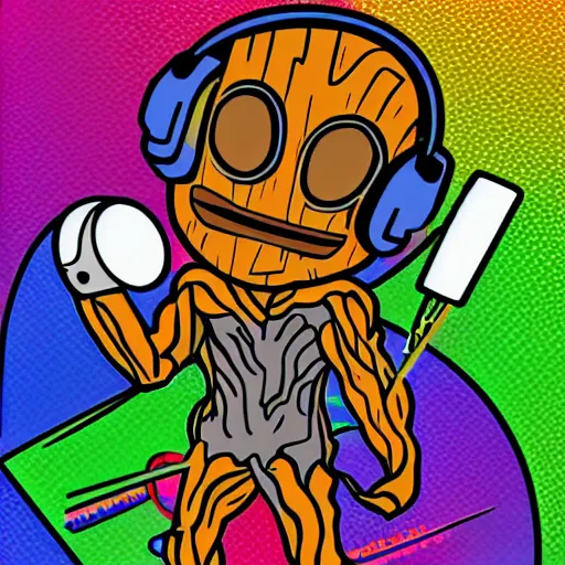 Image similar to svg sticker of a Pop-Wonder Groot-Marvel-Avenger at a rave, spinning records, giant headphones rocking out, wearing headphones, huge speakers, dancing, rave, DJ, spinning records, digital art, amazing composition, rule-of-thirds, award-winning, trending on artstation, featured on deviantart