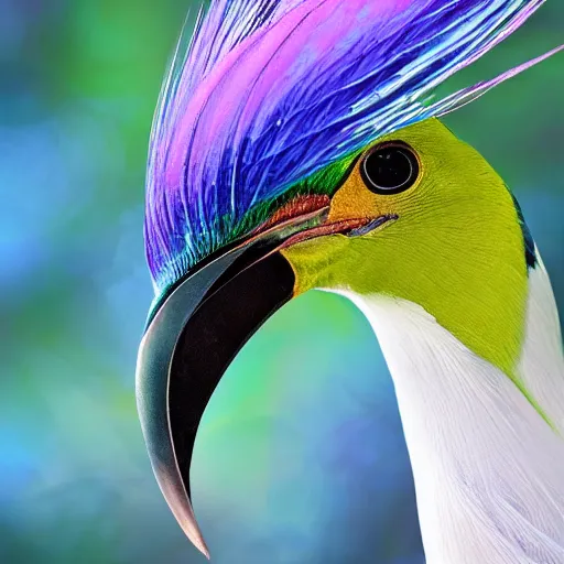 Prompt: closeup photo a bird of paradise, covered in feathers. focus on the beak. intricate eyes. extremely large wings. extreme detail, hyperrealistic photo